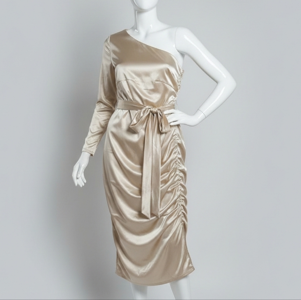 NWT Bebe Metallic One Shoulder Ruched Midi Dress Champagne Gold  XLARGE